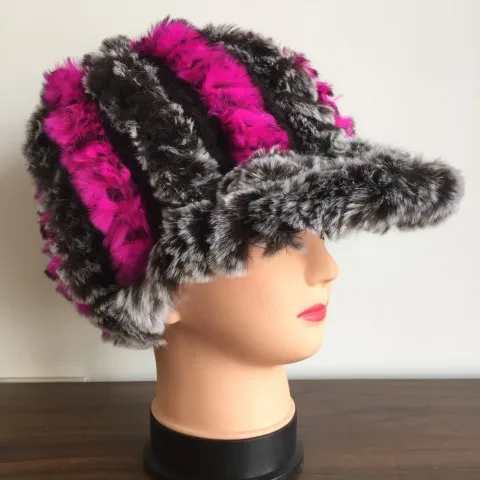 Женские вязаные шапки с козырьком из кроличьего меха, женские зимние теплые шапки, модная Натуральная меховая заколка,, DAH404 - Цвет: coffee purple