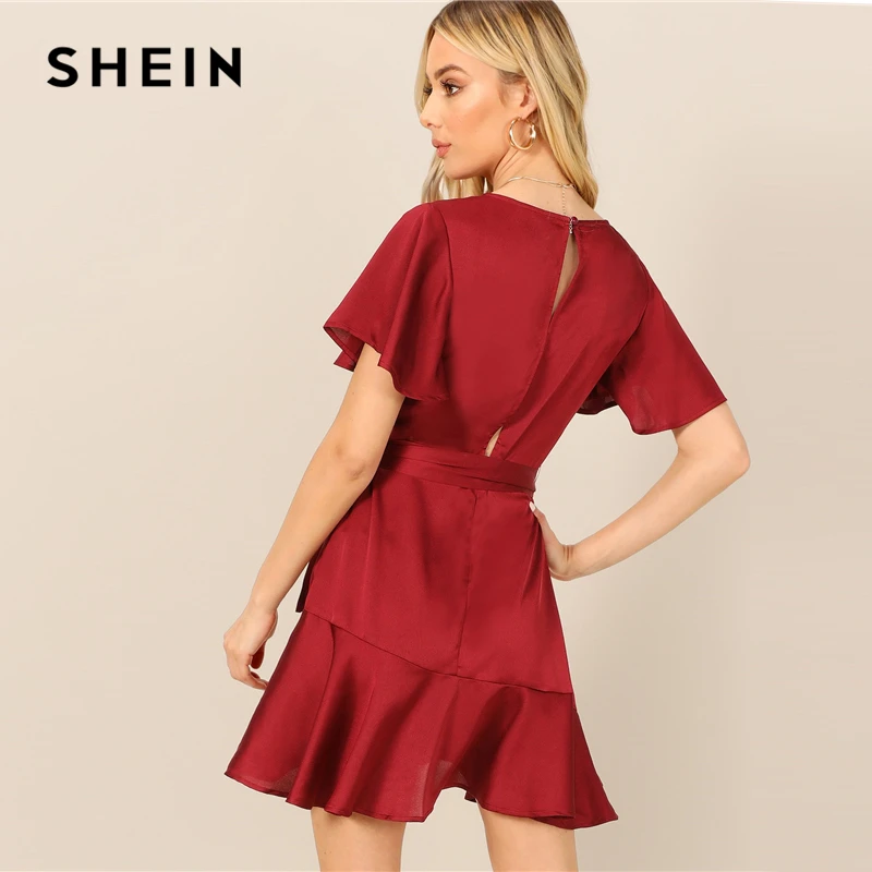 SHEIN Атласное Платье С V-Образным Вырезом И Поясом Женское Летнее Бордовое Платье С Короткими Рукавами