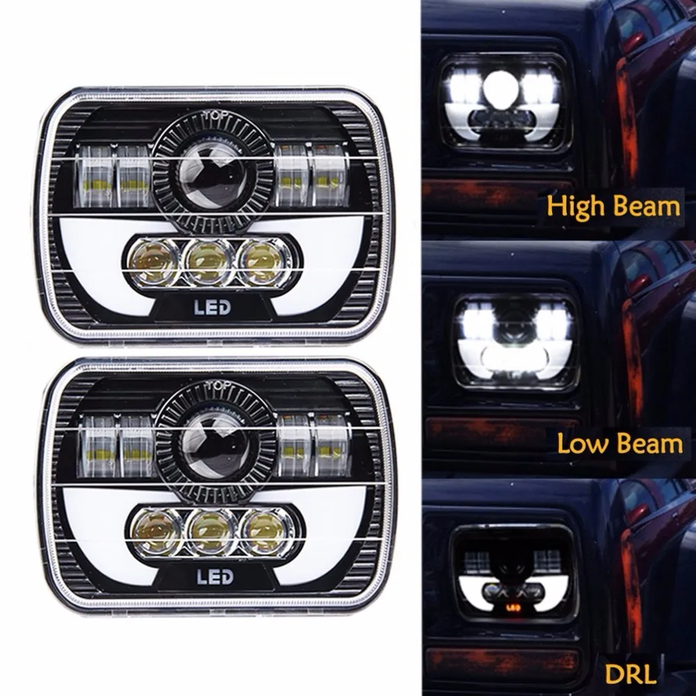 Pair 5X7 Headlights Black Rectangular LED