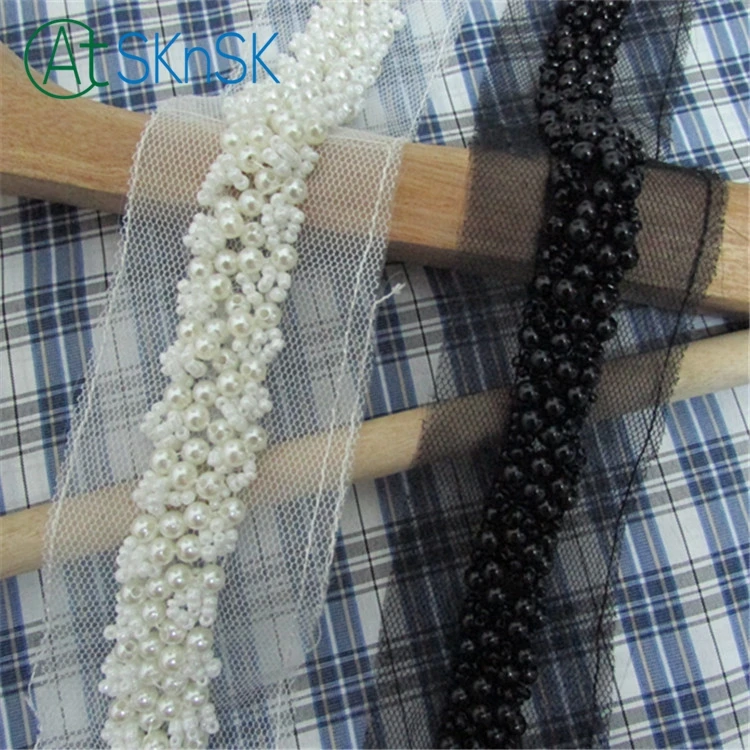 

1yard/lot Hot Selling Bridal Headpiece patchwork wedding dress belt DIY gifts garment accessory white black pearl Beaded Trims