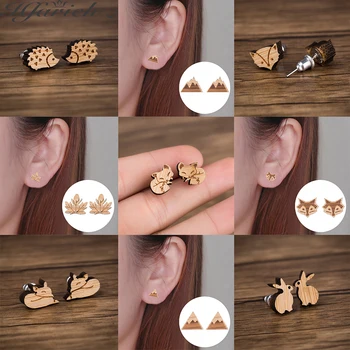 

Hfarich Hedgehog Rabbit Nine-tailed Fox Animal Wooden Earrings Sweet Fox-face Flower Mini Mountain Round Wooden Stud Women Gifts