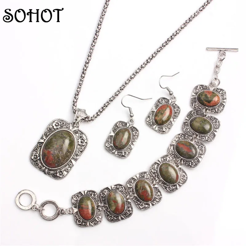 

SOHOT Women Natural Unakite Stones Jewelry Sets Silver Color Flower Pendants Necklaces Bracelets Dangle Earrings Party Accessory