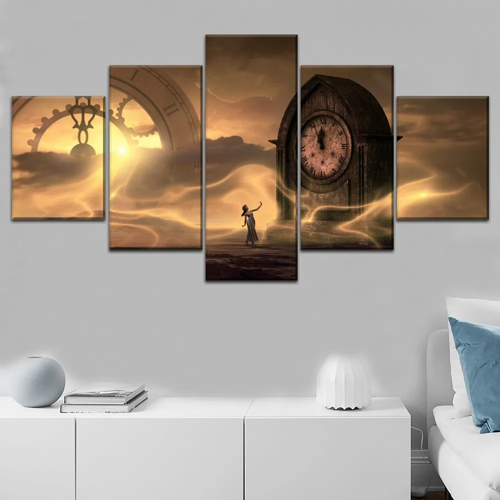 

Clock Fantasy Mysterious Girl Time Painting 5 Piece Modular Picture Canvas Print Type Modern Home Decor Wall Artwork Poster