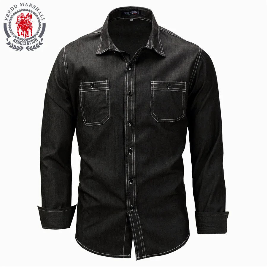 

Fredd Marshall 2018 New Men's Denim Shirts Men Long Sleeve Jean Shirt Male Brand Casual Shirt Plus Size 3XL Camisa Masculina