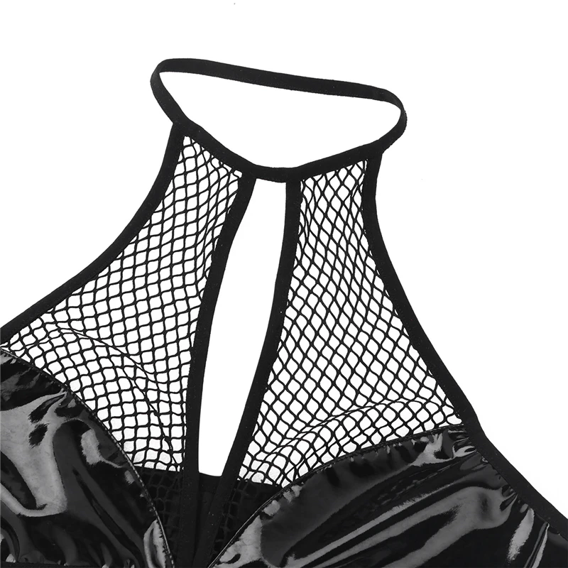 YiZYiF женский популярный сексуальный комплект нижнего белья femme Babydoll Wet Look искусственная кожа ажурный бюстгальтер на шее Топ Мини Эротические трусики костюмы