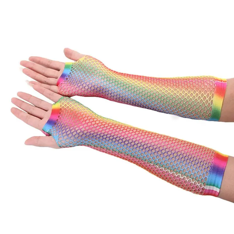Женские перчатки с дырками, с принтом радуги, без пальцев, сетчатая сетка
