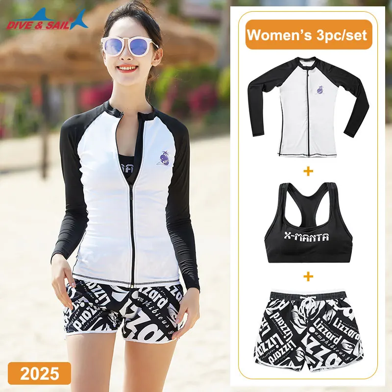 

Women's Rash Long Sleeve Shirt Boat Shorts Bra Guards 3 Piece Set White Black Split UV Sun Protection Skins Zipper Men's