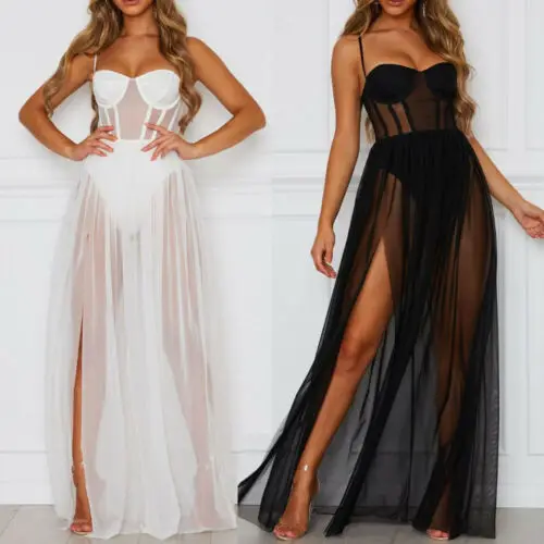 

Womens Summer Vestidos Sexy Stars Dresses Perspective Mesh Gauze Sleeveless Backless Party Evening Long Maxi Dress