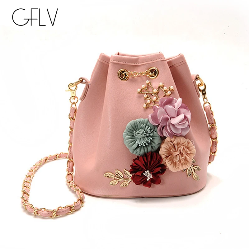 

GFLV Brand 2019 Lady Sweet Small Handbags Women Flowers Pearl Bucket Bags Draw Chain Crossbody Bags Leather Messenger Bag