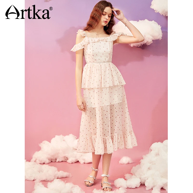 

ARTKA 2018 Summer New Jacquard Doted Print Chiffon Strapless High Waist Short Flying Sleeve Cupcake Dress LA11281X
