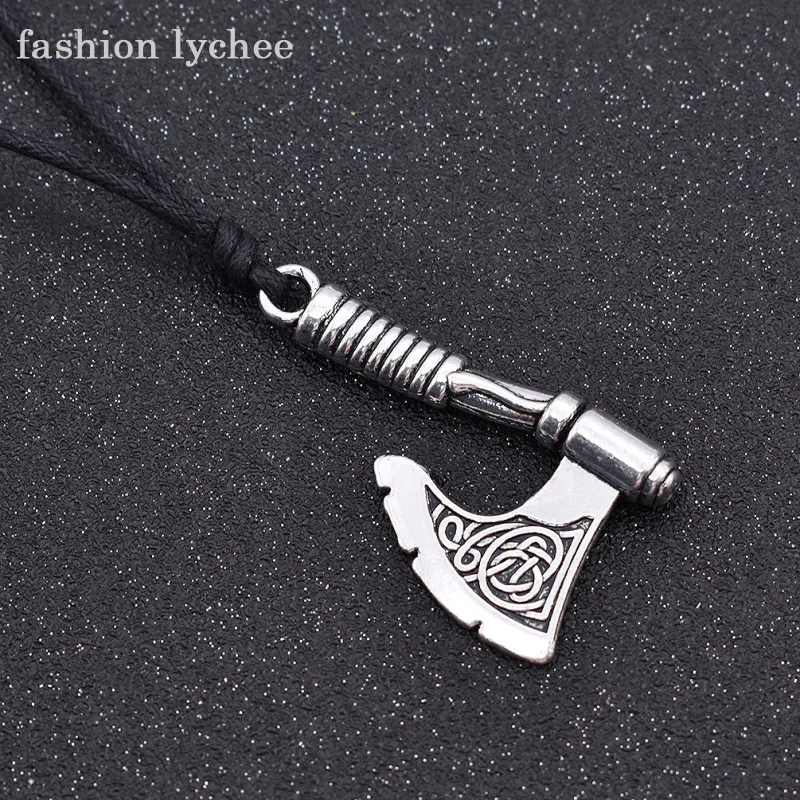

fashion lychee Retro Slavic Amulet Symbol Perun Viking Axe Pendant Necklace Men Rope Chain Metal Charms Necklace Jewelry