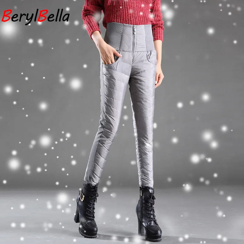 Зимние теплые брюки на утином пуху для женщин, высокая талия, эластичная талия, обтягивающие брюки-карандаш, большие размеры, бархатные женские брюки - Цвет: Gray