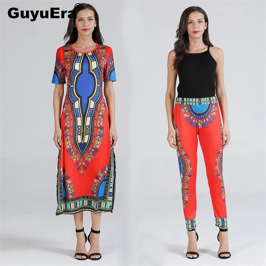 Guyuera Nouvelle Robe Femme Africaine Dashiki Traditionnel Imprime Col Rond A Manches Courtes Robe Et Pantalon Deux Pieces Costume Aliexpress