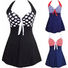 Fashion Sexy Stripe Padded Halter Skirt Swimwear Women One Piece Swimsuit Beachwear Bathing Suit Swimwear Dress Plus Size M-4XL print floral one piece swimsuit summer dress padded widen shoulder strap sexy halter plus m 4xl skirted bathing suit