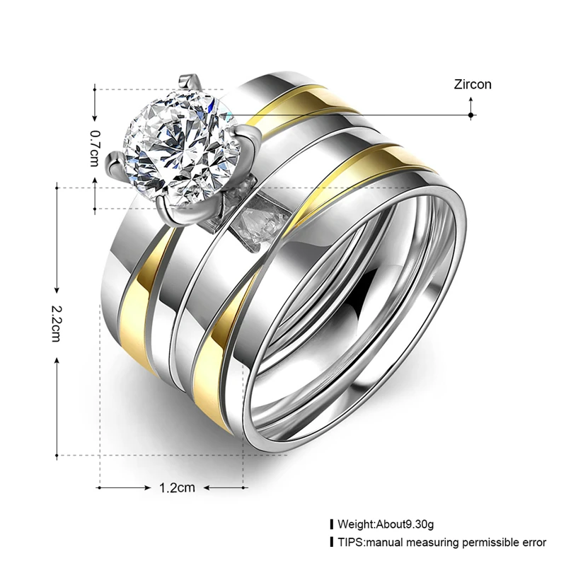 New 2pcs/set Crystal Couple Ring for Women and Men Gold-color Stainless Steel Engagement Ring Wedding Jewelry