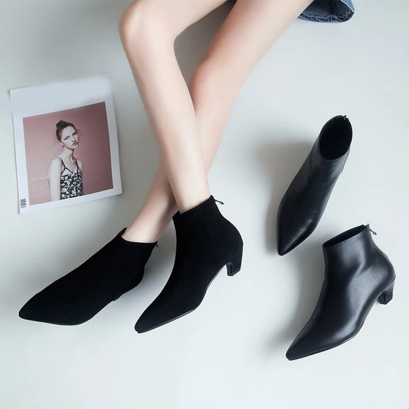 

Women Autumn Zip Ankle Boots Patent Leather Pointed Toe Ladies Suede Botas Vintage Chunky Heels Female Shoes Fashion New 2019