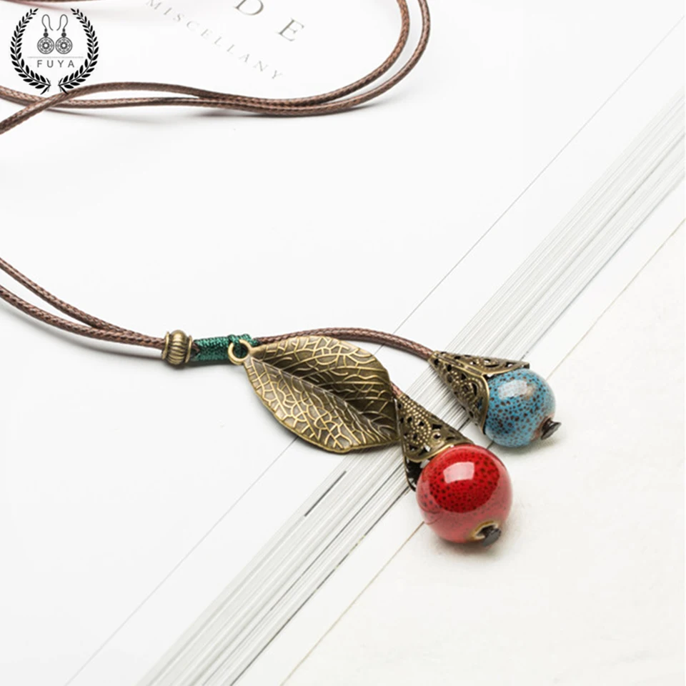 Очаровательное китайское Цзиндэчжэнь керамическое ожерелье с подвеской винтажные Длинные ожерелья в виде кожаной веревки для женщин модные ювелирные изделия подарки