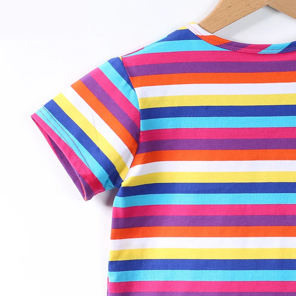  Scsech Children's Summer Rainbow Striped T-Shirt Crown Short Sleeve Cotton Round Neck Baby Boys& Girls Clothes Kids SHR19 (5)