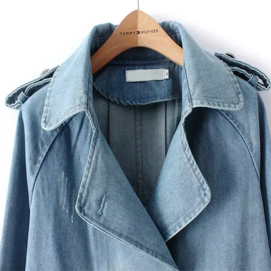 Fs0157 Blue Women Dress Jacket Coat Jeans Denim Double Winter 4 Basic Blue 3 Sleeve Breasted Fashion sky Autumn Long 1ZaWI
