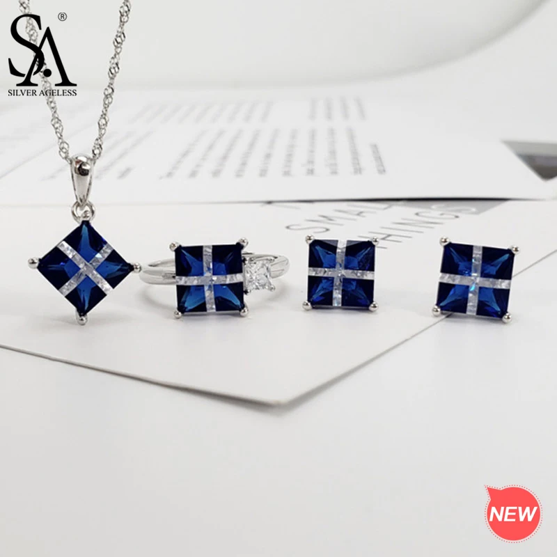 

SILVER AGELESS 925 Sterling Silver Gift Box Shape Stud Earrings Pendant Necklace Rings Jewelry Set Woman 925 Sterling Silver Set