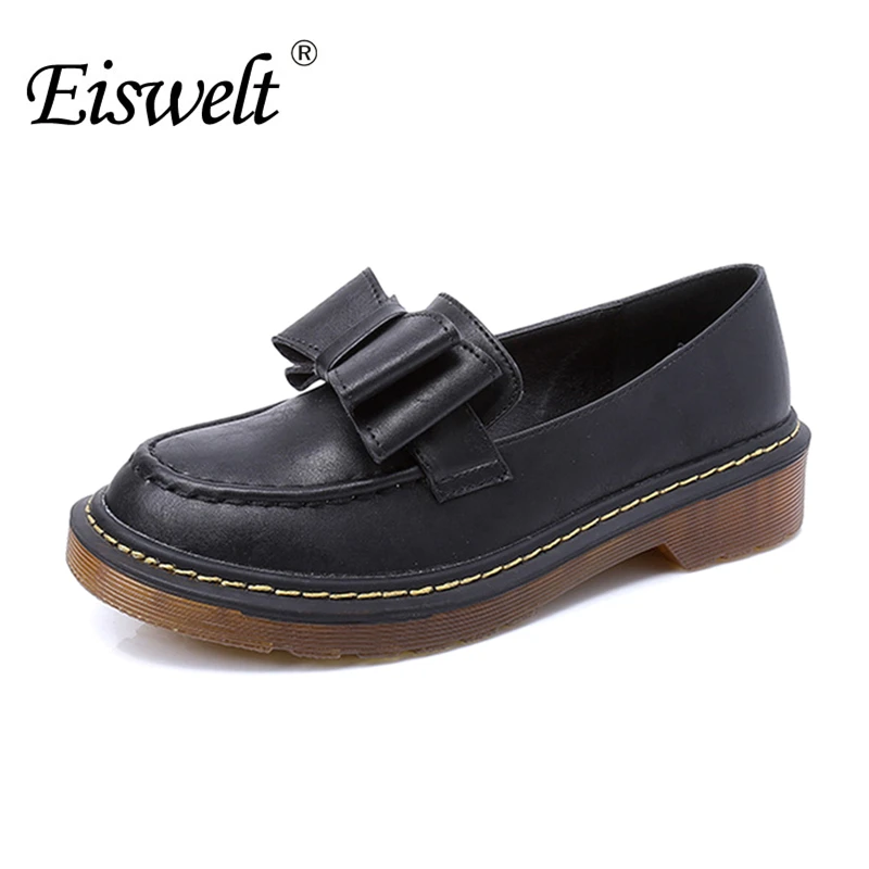 

EISWELT Women High Quality Casual Lolita Bowtie Oxfords Casual Platform Loafers Leather Shallow Brogue Low Heel Shoes#ZJF27