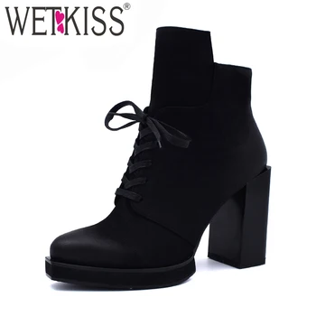 

WETKISS Winter Thick High Heels Women Ankle Boots Thick Plush Square Toe Lace Up Footwear Platform Female Boot Shoes Women 2018