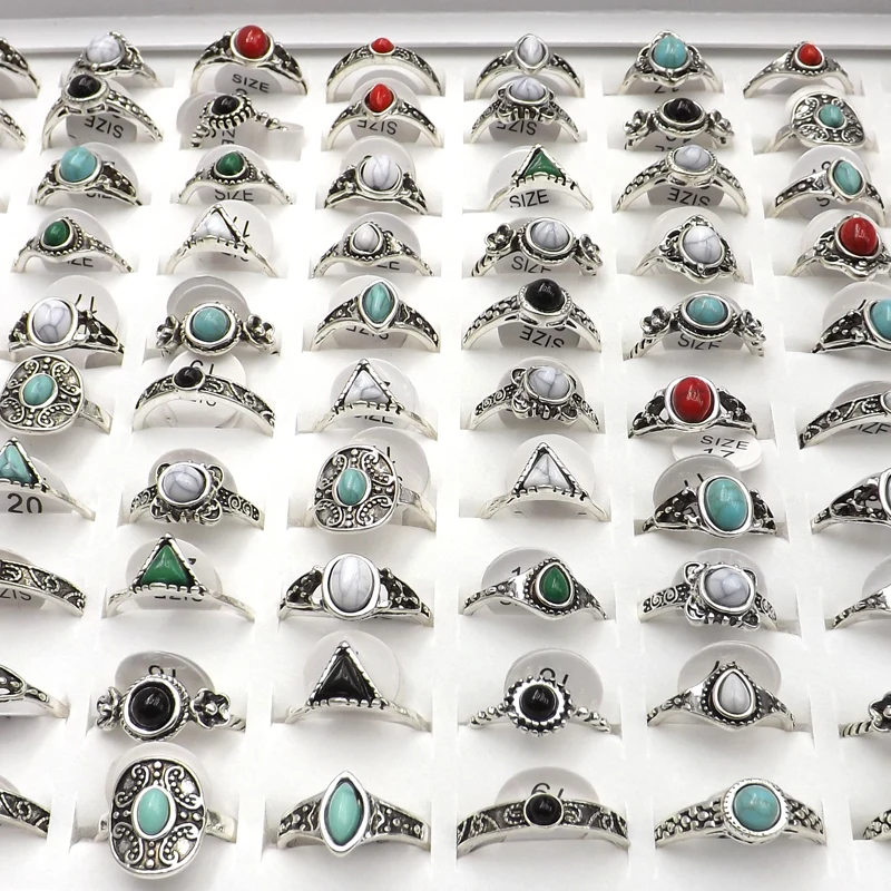 Ring Set Antique Silver Vintage Style Rings With Mixed Stones For Women 50pcs