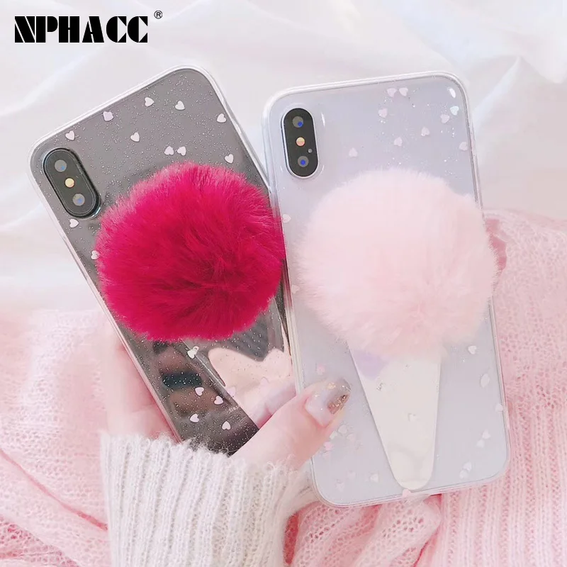 NPHACC Cute DIY Ice Cream Fur Ball Phone Case for Iphone 6 6S Plus 7 8 X Transparent Soft TPU Love Heart Back Cover Coque |