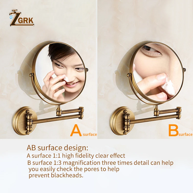 ZGRK ванное зеркало 1X/3X увеличение настенный отделка Аксессуары для ванной комнаты Регулируемый косметическое зеркало 2-лицевая сторона Ванная комната зеркала
