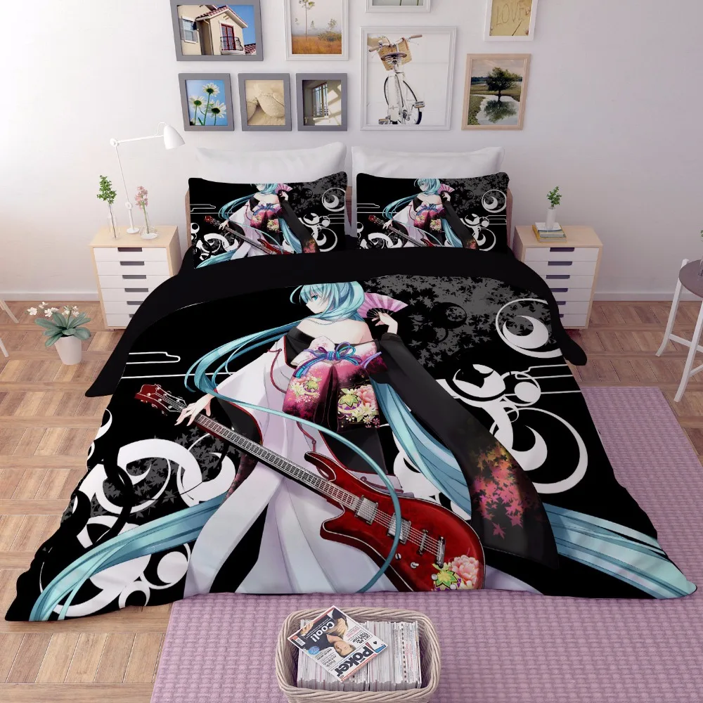 Japanese Anime Magical Mirai Hatsune Miku Bedding Set Bedcover Pillow Case 3/4PCS girls duvet cover sets cartoon blue bedclothes