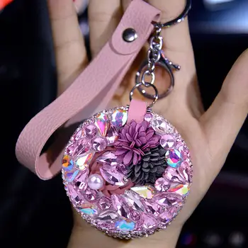 

Crystal Flowers Diamonds Key chain Braided PU Leather Car KeyRing Holder Buckle Lovely Gifts Auto Key chain styling with Mirror