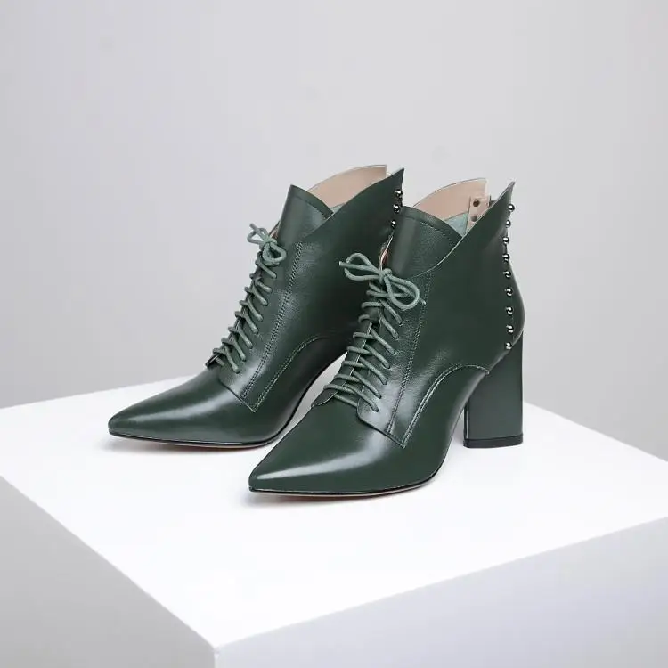 

Chic Green Black Leather Ankle Boots For Women Pointed Toe High Sqaure Heel Ladies Booties Cross Tied Winter Shoes Woman Runway
