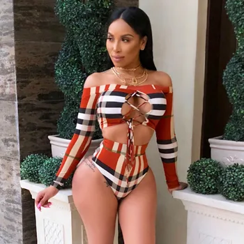 

Miami Style Plaid Off Shoulder Swimsuit Two Piece Bathing Suit Swim Wear Lace Up Swimwear Women Bikini Long Sleeves Thong Bikini