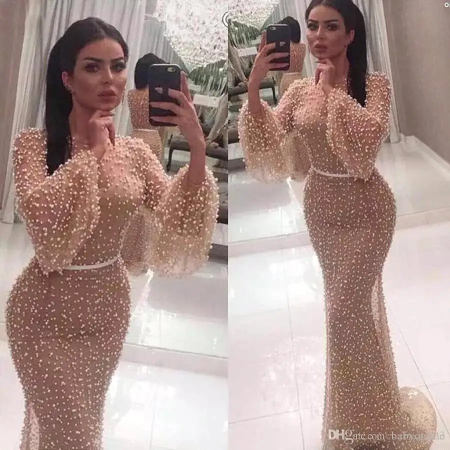 

Luxury Mermaid Arabic Kafan Dubai Champagne Mermaid Abiye Evening Dresses 2019 Beaded Prom Dresses Formal Party Gown