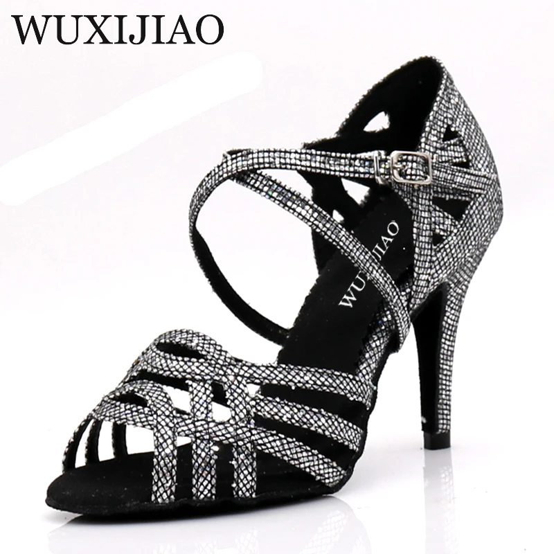 WUXIJIAO Women Party Dance Shoes Satin Shining rhinestones Soft Bottom Latin Dance Shoes Woman Salsa Dance Shoes heel5CM-10CM