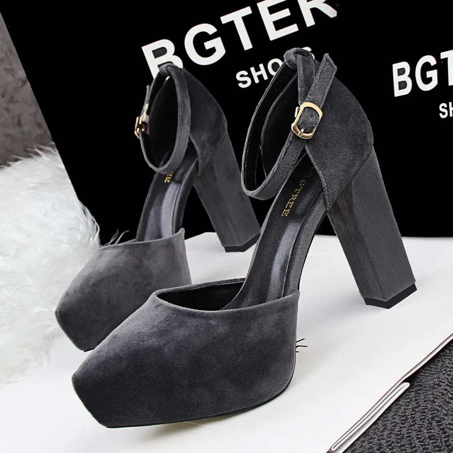 

BIGTREE New Spring Pumps Fashion Thick Heel Platform Suede High Heels Buckle Sandals Pointed Side Hollow OL Retro Shoes