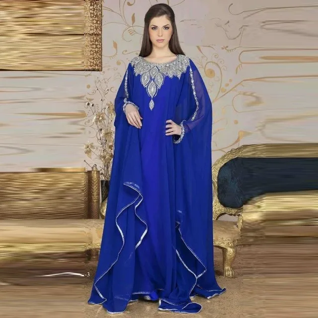 Dubai Kaftan Evening Dress Long Sleeve Arabia Muslim Royal Blue Beaded