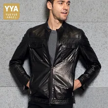 Лидирующий бренд, Мужская мотоциклетная Верхняя одежда со стоячим воротником, куртка, роскошные Куртки из натуральной кожи с карманами в стиле панк, приталенные деловые повседневные куртки