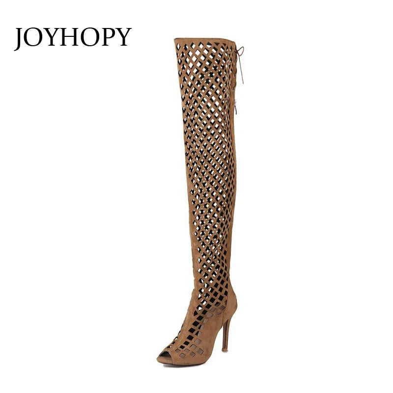 

Thigh High Gladiator Sandals Boots Women Sexy Peep Toe Netted Cut-out Over The Knee Boots High Heel Sandals Plus Size 32- 46