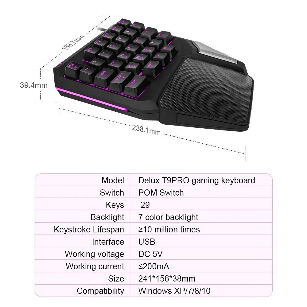  Programmable Keys Delux T9 Pro Single Handed Game keyboard one hand Ergonomic Gaming Keypad For PUB