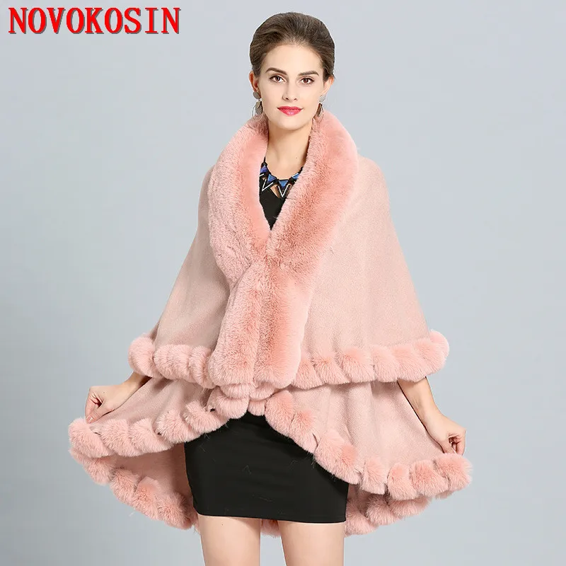2018 Winter Warm Fake Fox Fur Long Knitted 2 Layer Solid Poncho Cape Cloak Oversize Sweater Women European Cardigan Coat |