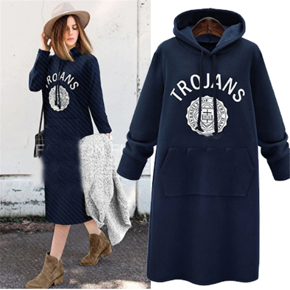 

Cotton Dress Women Autumn Winter Thick Hooded Long Print Dresses Causal Solid Clothes For Female Autumn Plus Size Dress Women
