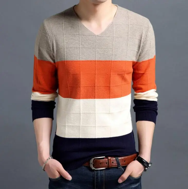 Весенне-осенний модный брендовый Повседневный свитер с круглым вырезом, облегающий вязаный мужской свитер и полосатые вязаные пуловеры для мужчин M-3XL - Цвет: B02