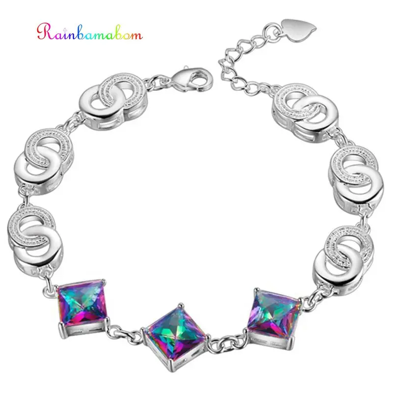 

Rainbamabom Real 925 Sterling Silver Mystic Rainbow Topaz Gemstone Bangle Charm Bracelet Fine Jewelry Women Gifts Wholesale