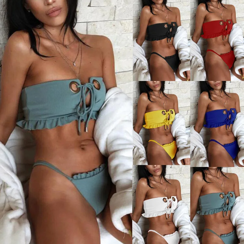 

Adjustable Lace High Waist Swimsuit Bikini Set Sexy Solid Bikinis Women Push Up Swimwear Banting Suit Swim