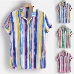 Лидер продаж, новинка 2019, мужская летняя модная разноцветная полосатая хлопковая Повседневная блуза с короткими рукавами, топ, блузка