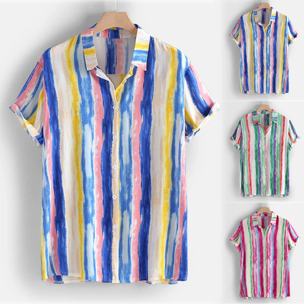 

2019 High Quality Men's Summer Fashion Colourful Striped Cotton Short Sleeve Casual Top Blouse Support Wholesale Dropship