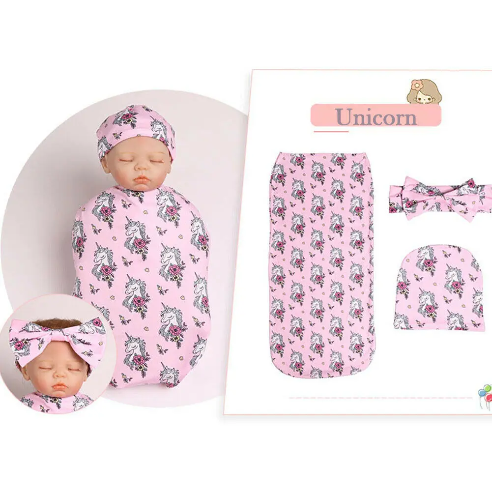 Unicorn Мягкое одеяло для новорожденных с цветочным рисунком, 3 предмета, пеленка для малышей, повязка на голову, шапка, одеяло для сна, сумка для детей 0-6 месяцев - Цвет: Unicorn