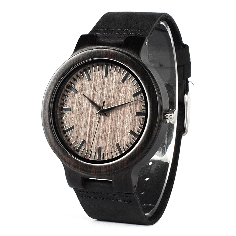 BOBO BIRD Men's Ebony Wood Watches Timepiece Genuine Leather Quartz Watch for Men Wrist Watch