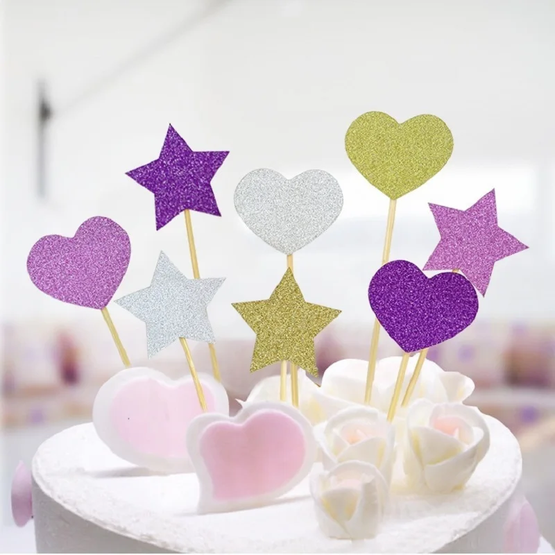 

40pcs Lovely Paper Stars Hearts Glitter Cake Toppers for Kids Birthday Wedding Party Cake Decoration Baby Shower Cupcake Decor 8